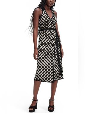 Diane Von Furstenberg Black & Cream Geometric Wrap Midi Dress size S
